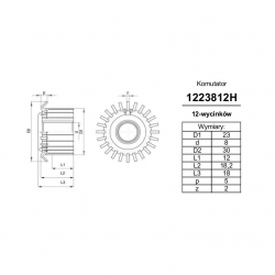 Komutator 12-wyc. 8x23x12 haczykowy | K-1223812H-1050