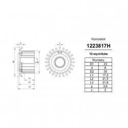 Komutator 12-wyc. 8x23x17 haczykowy | K-1223817H-2055