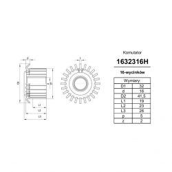 Komutator 16-wyc. 16x32x19 haczykowy | K-1632316-2060